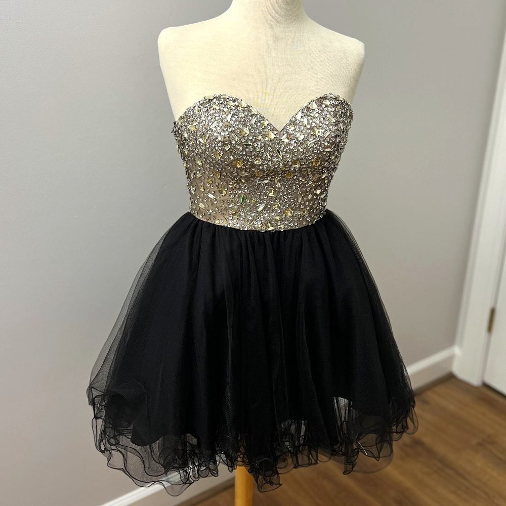 Eureka Black Gold Tulle Jewel Rhinestone Corset Strapless Dress Sz XS